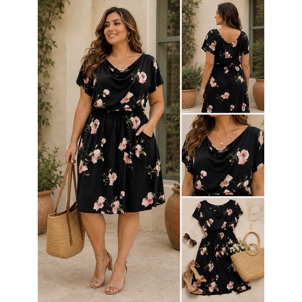 Anne Klein Black Pink Floral Cowl Neck Midi Dress Short Sleeve Pockets Size 16